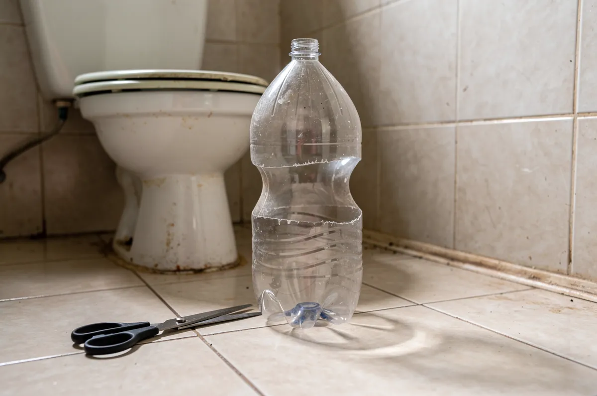 Garrafa PET com fundo cortado ao lado de vaso sanitário