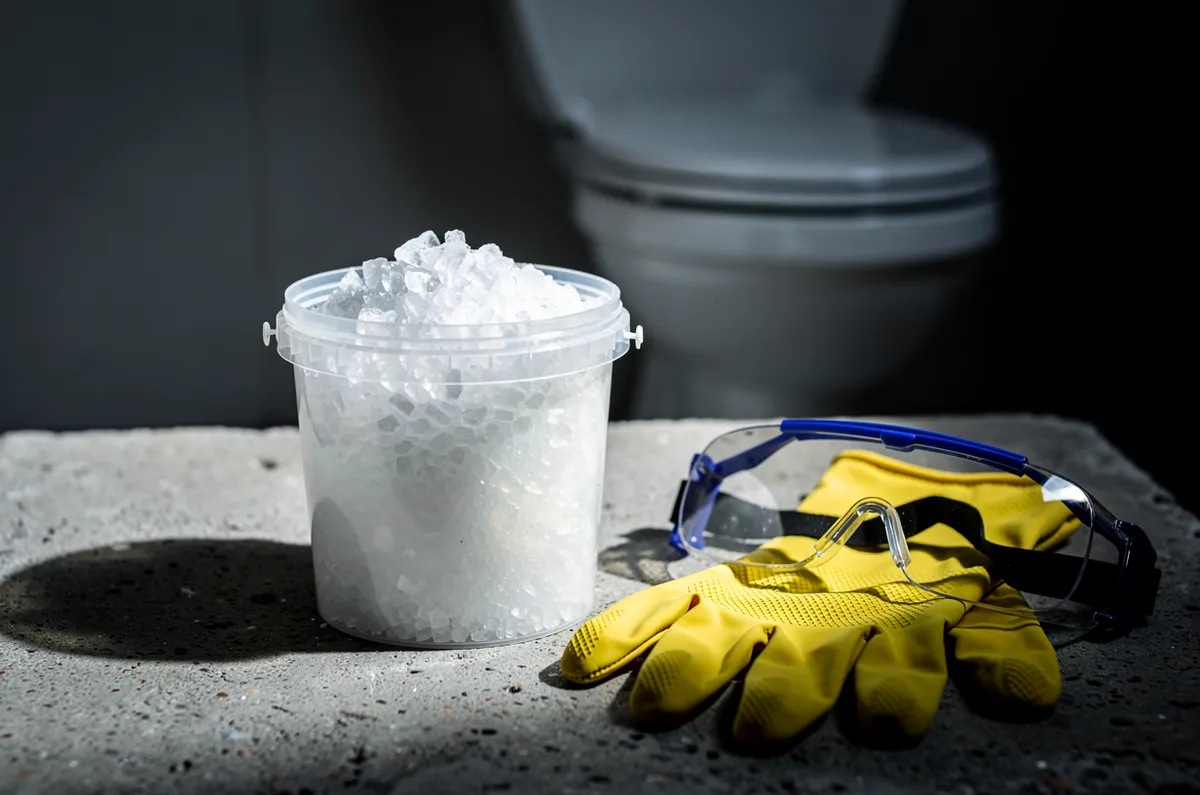 Pote de soda cáustica com luvas e óculos de proteção