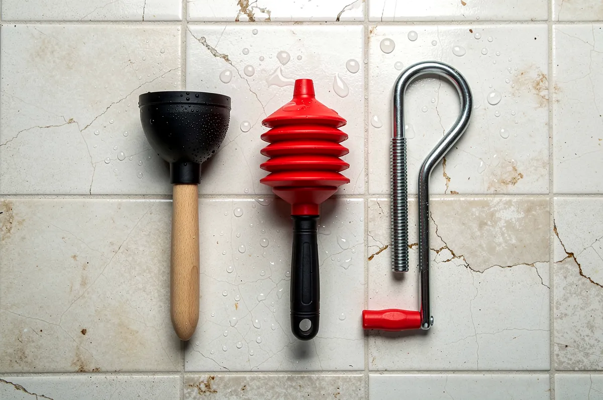 Diferentes tipos de desentupidor manual de vaso sanitário organizados lado a lado